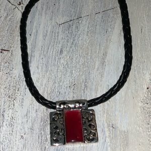 Red Pendant Sterling Silver Black Leather necklace